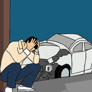 Illustration of car crash with upset man
