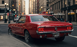 Red car parked at a corner of an intersection